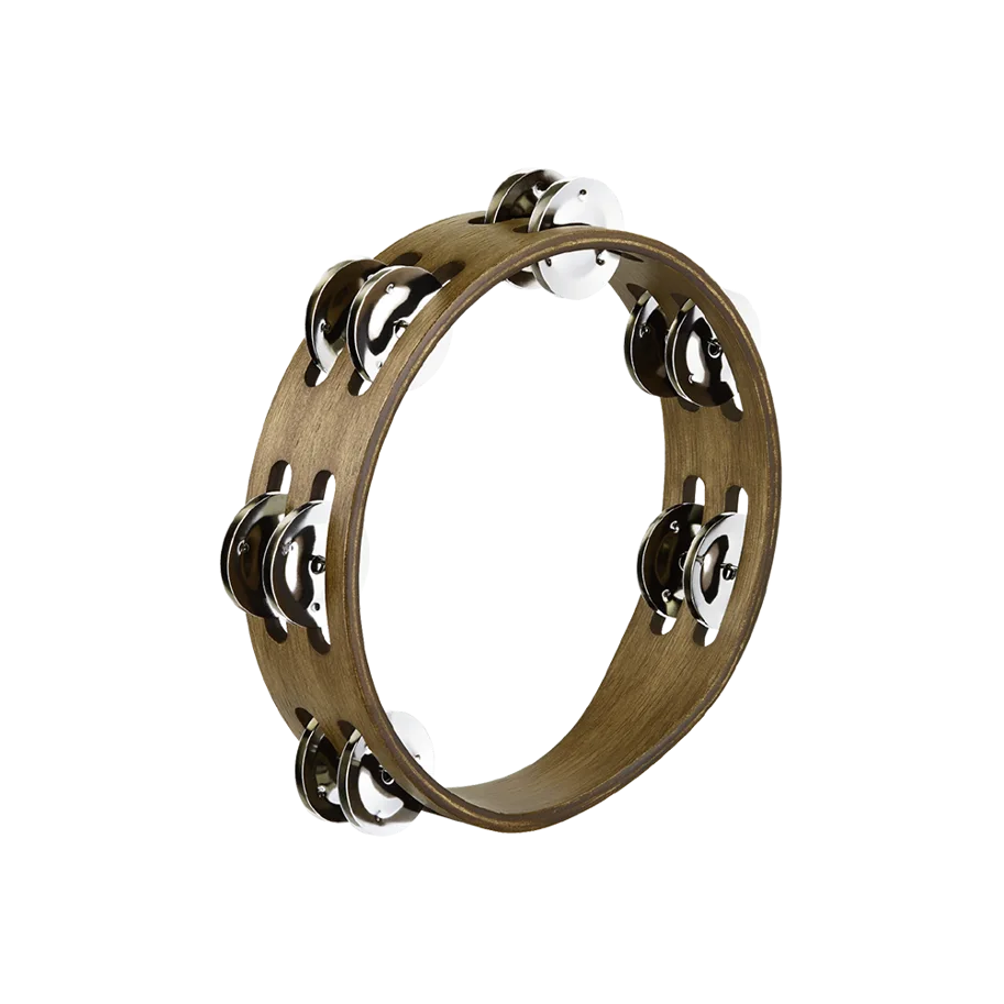 Compact Tambourine - 2 Rows - Steel Jingles - Walnut