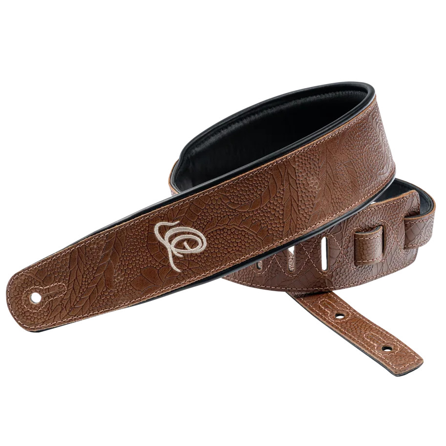 Guitar Genuine Leather Strap - Natural Brown Flora