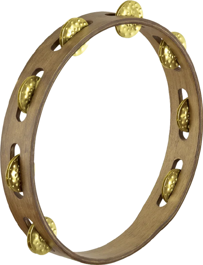 Vintage Tambourine 1 Row - Hammered Brass - Walnut