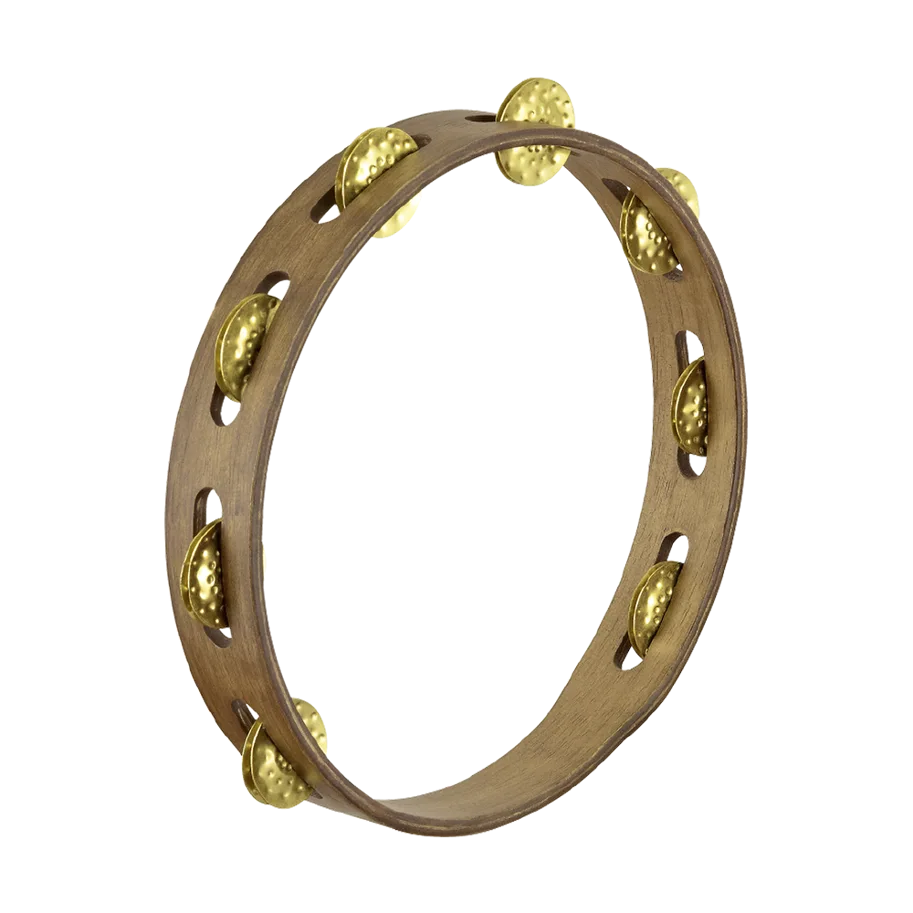 Vintage Tambourine 1 Row - Hammered Brass - Walnut